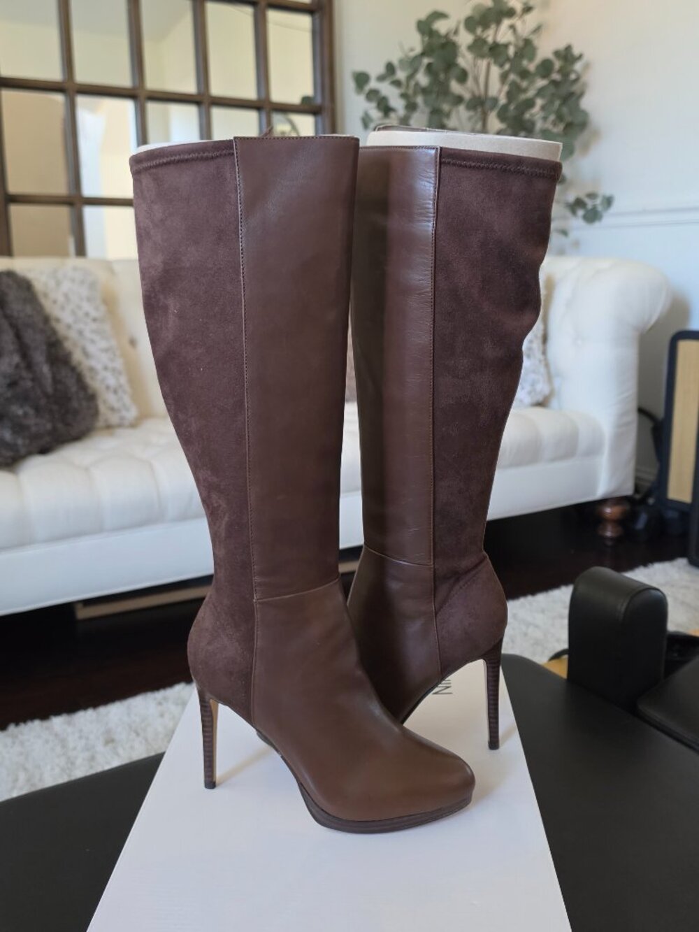 NIB Nine West Quizme High Heel Knee High Boots Brown Leather Suede Women’s 7.5 M
